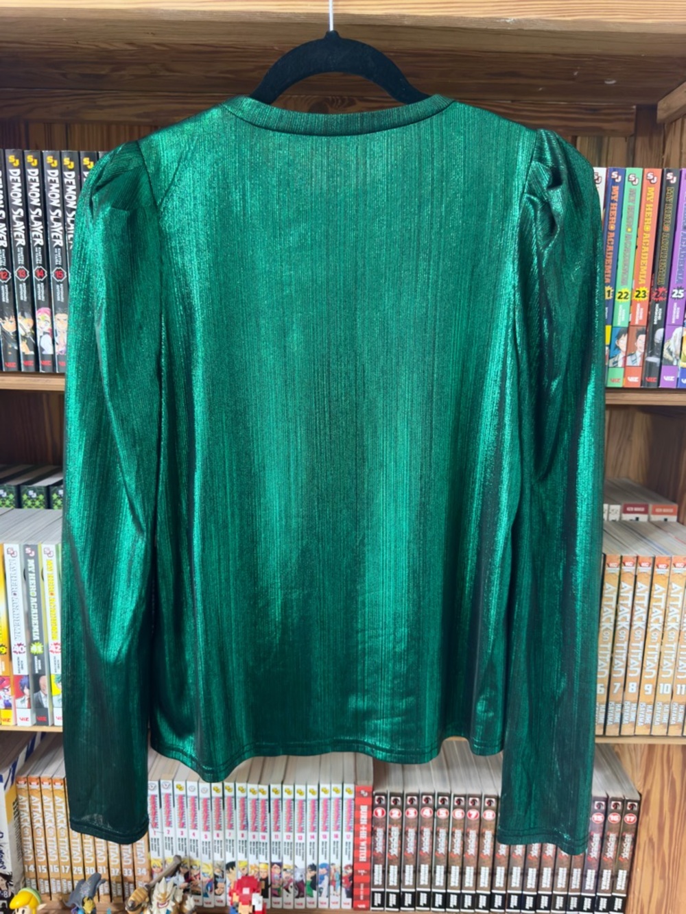 SHEIN Green Metallic Puff Shoulder Long Sleeve Top - Picture 5 of 8